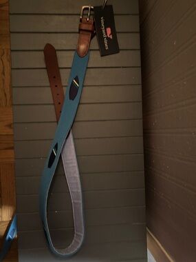 NWT Vineyard Vines Teal Webbed Belt with Brown Leather Trim